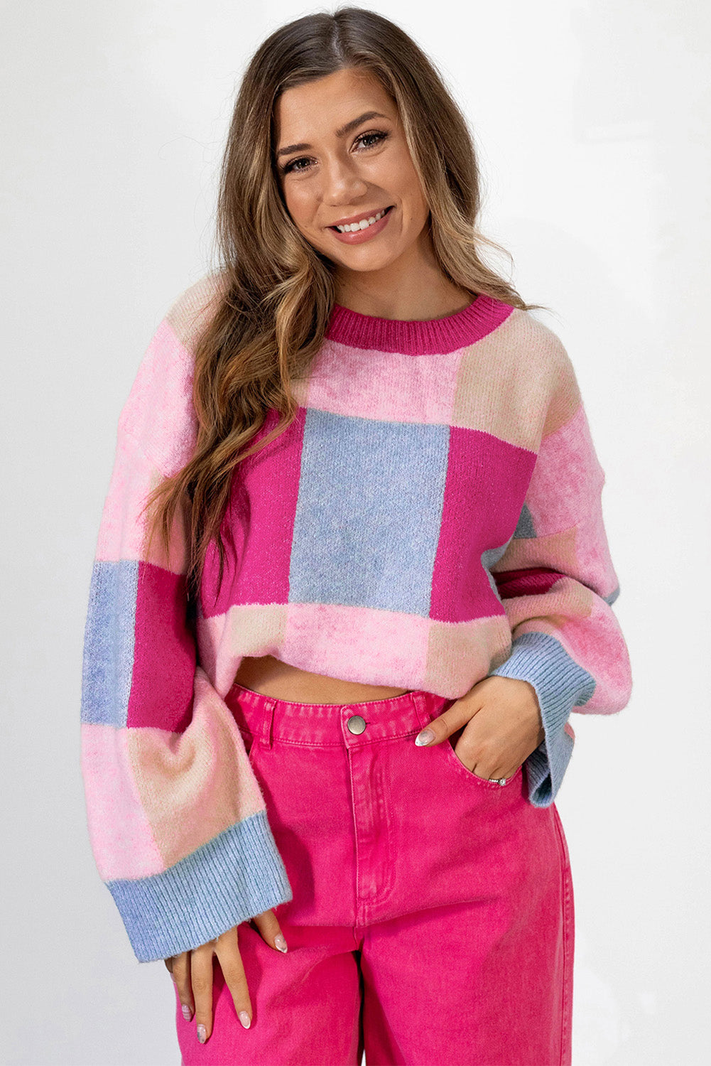 Colour Block Drop Shoulder Crewneck Loose Fit Sweater | Rose Red