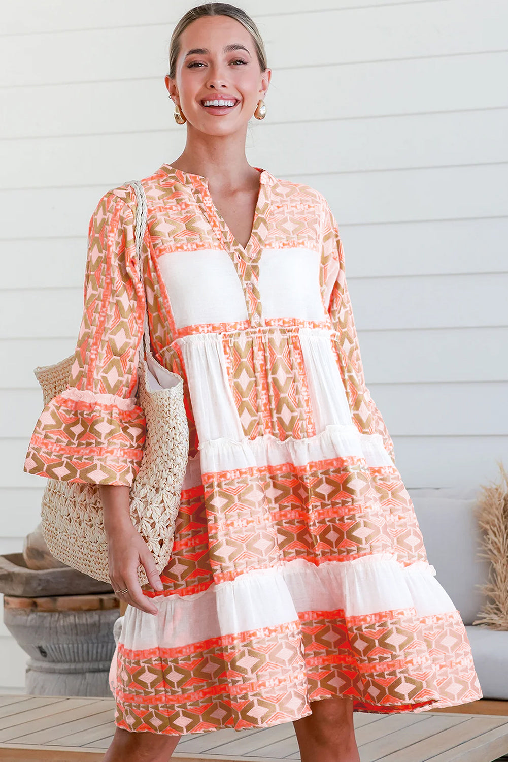 Geometric Print Ruffle Tiered Button V Neck Dress | Orange