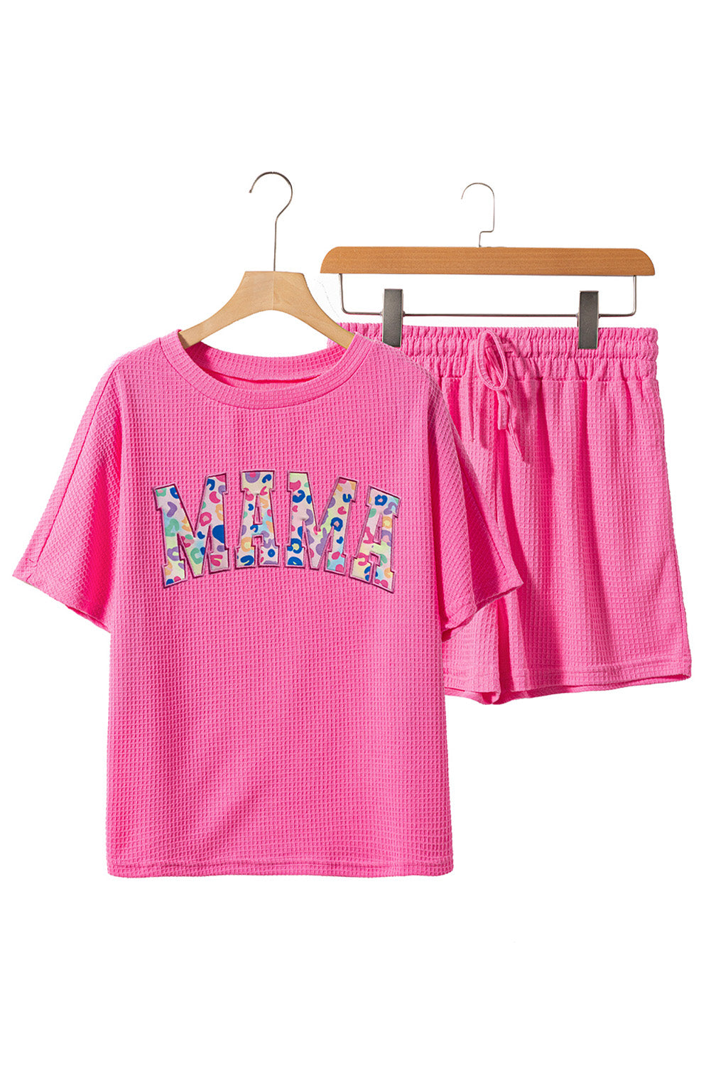 Mama Embroidered Leopard Letters Waffle Short Set | Rose Red