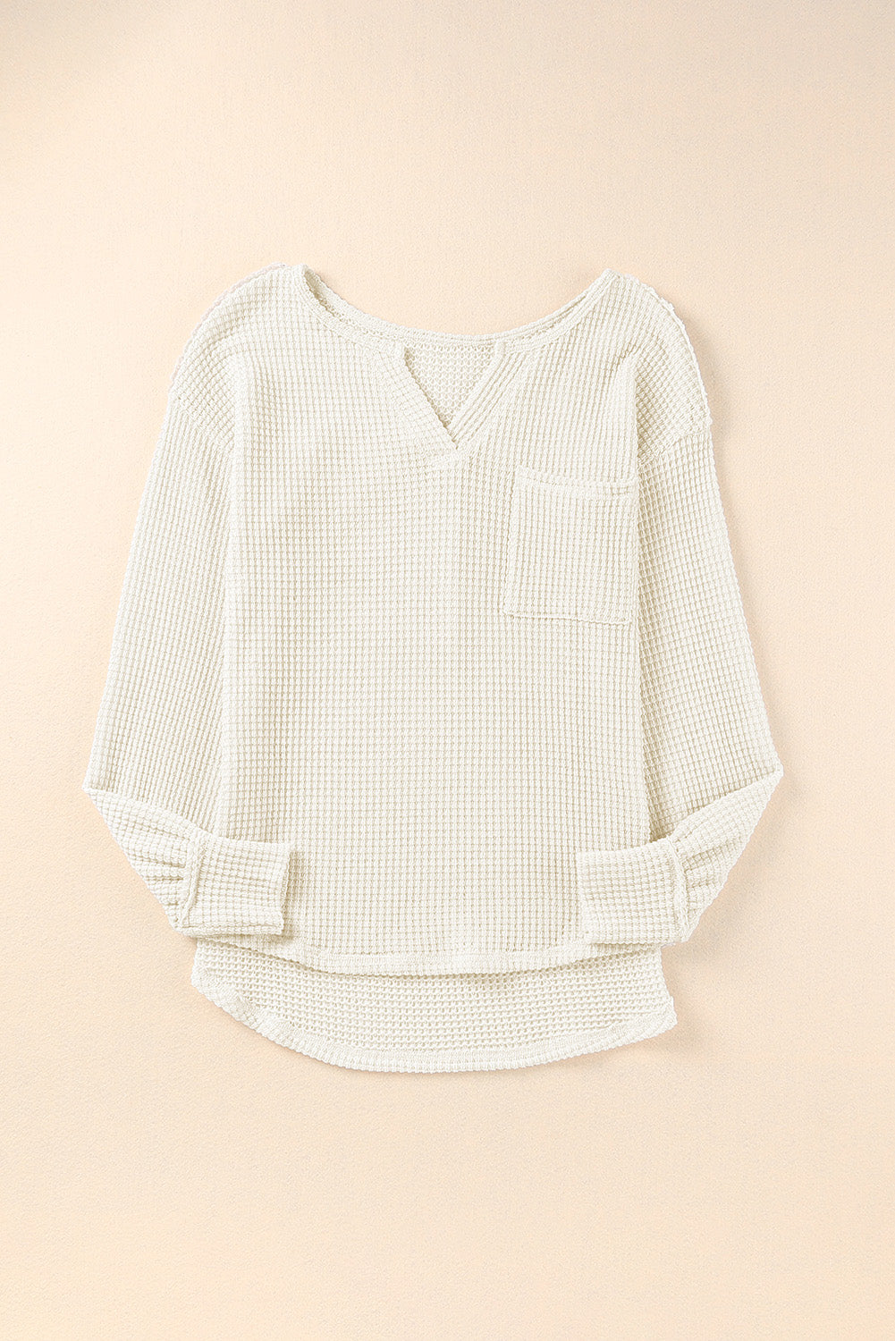 Waffle Knit Split Neck Pocketed Loose Top | Beige