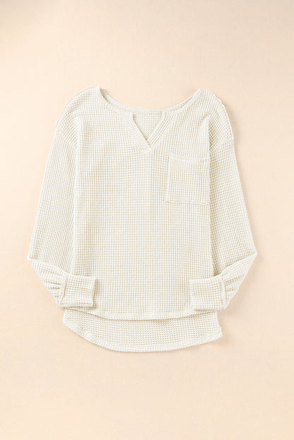 Waffle Knit Split Neck Pocketed Loose Top | Beige