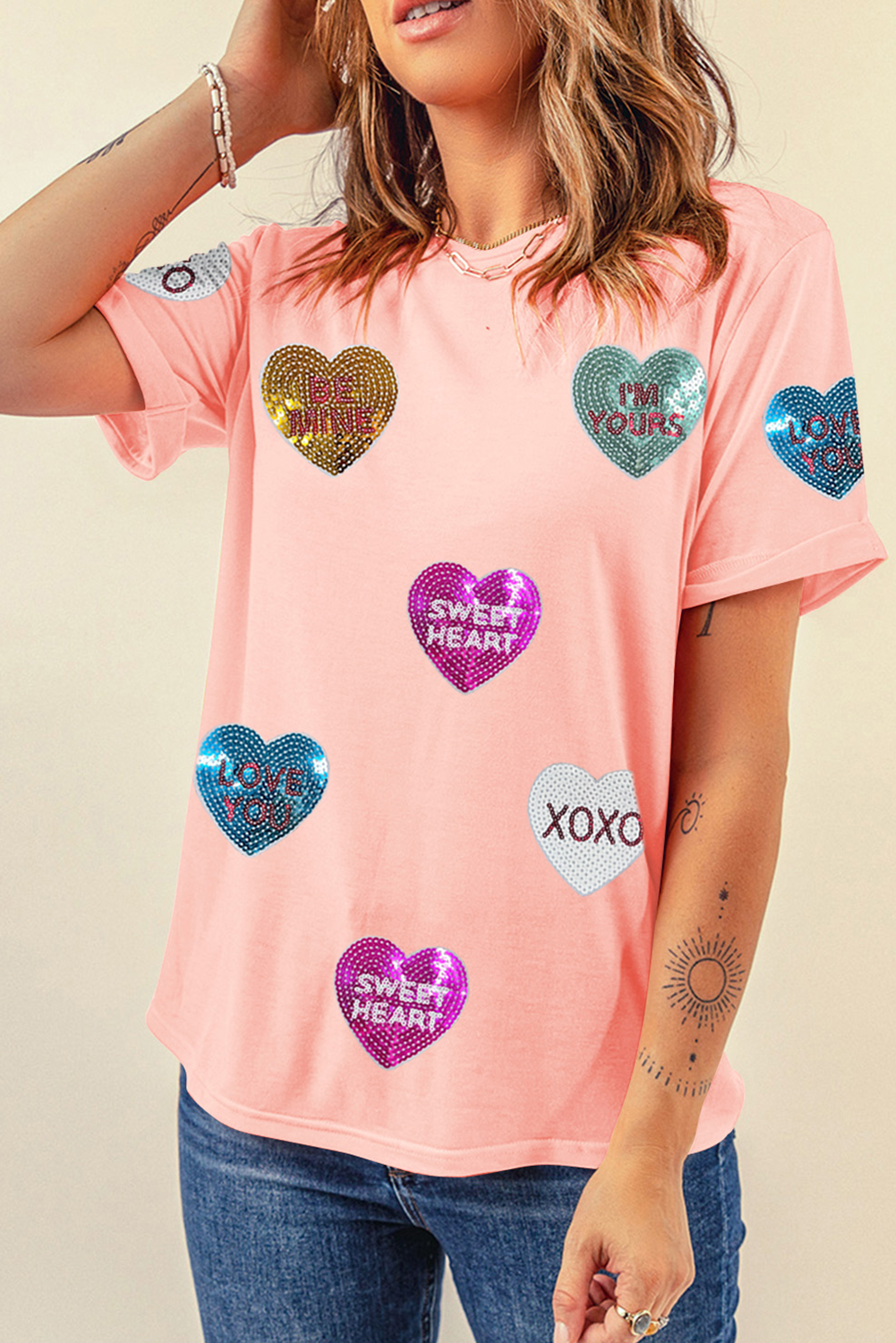 Sequin Valentines Lettering Heart Patched Crewneck T Shirt | Pink