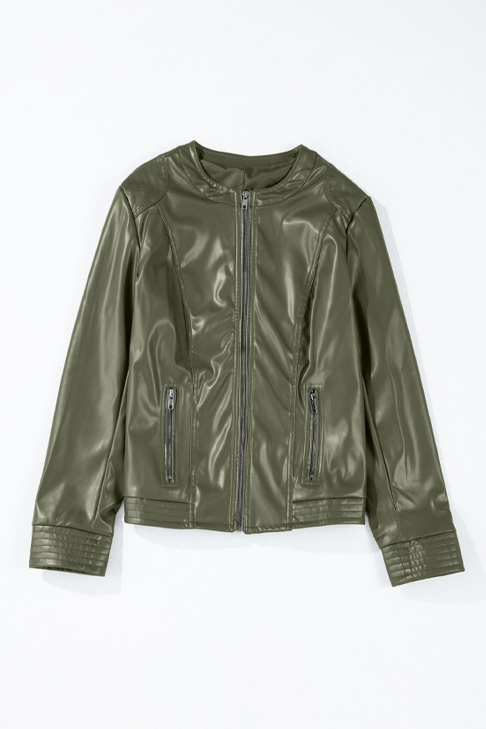 Solid Faux Leather Zipper Slim Fit Bomber Jacket | Sage Green