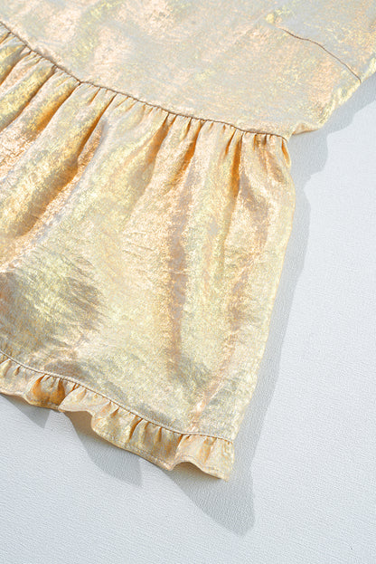 Metallic Frilled V Neck Puff Sleeve Babydoll Blouse | Gold