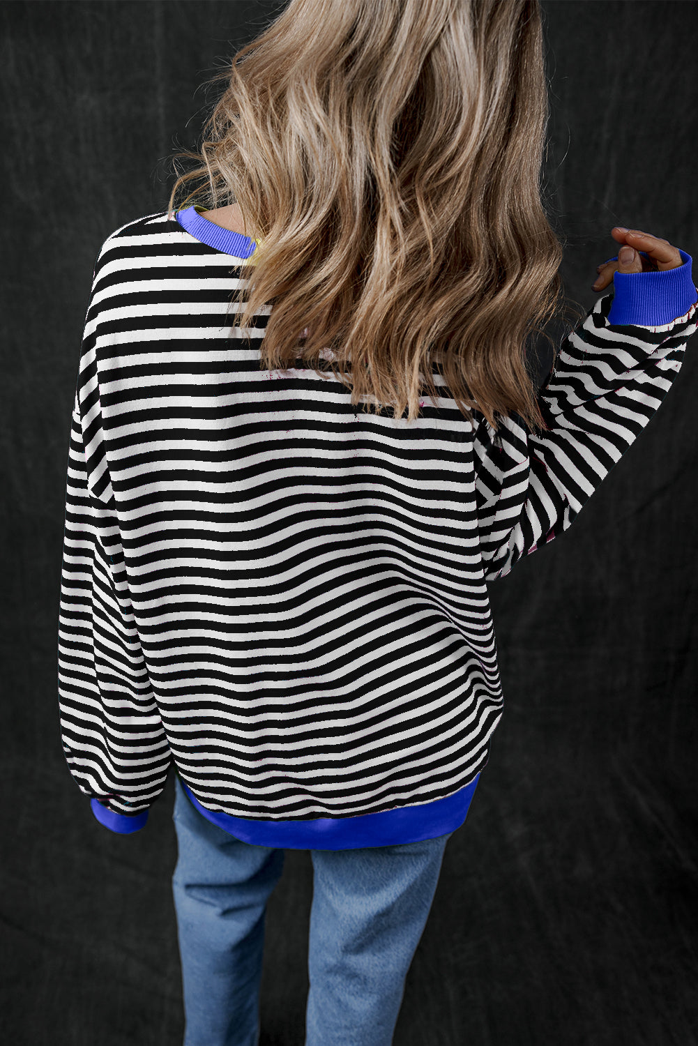 Oversized Contrast Trim Pullover Sweatshirt | Black Stripe