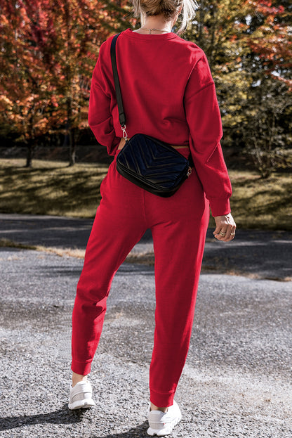 Solid Colour High Low Pullover And Skinny Pants Set | Racing Red