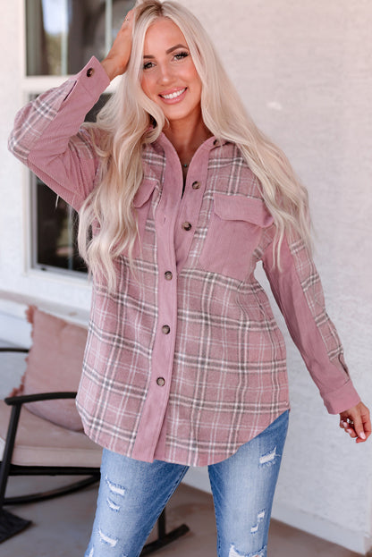 Corduroy Plaid Pattern Shacket | Pink