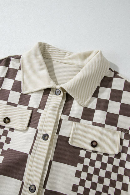 Checkered Print Patchwork Corduroy Shacket | Brown