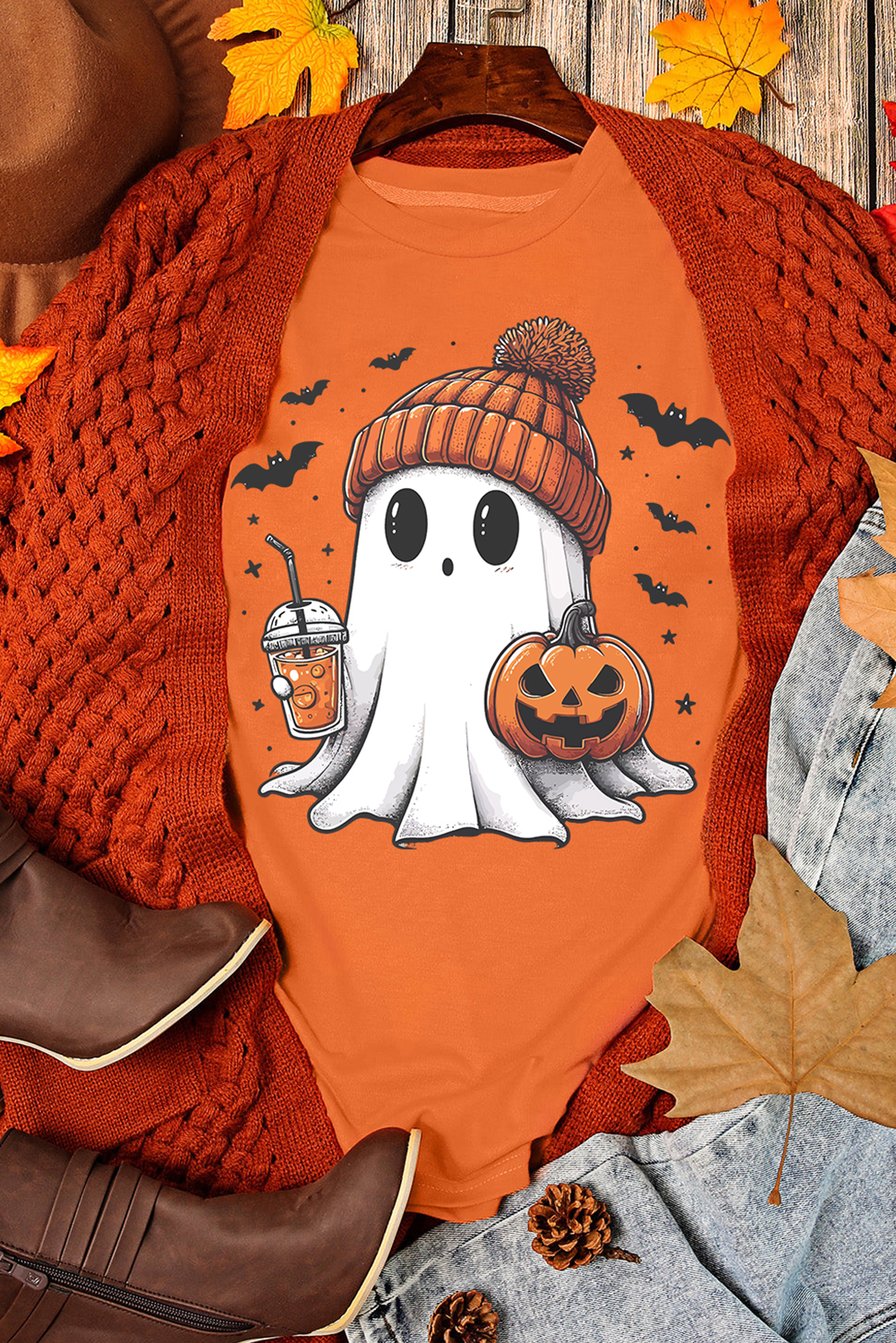 Cute Ghost Pumpkin Face Printed Halloween T Shirt | Orange