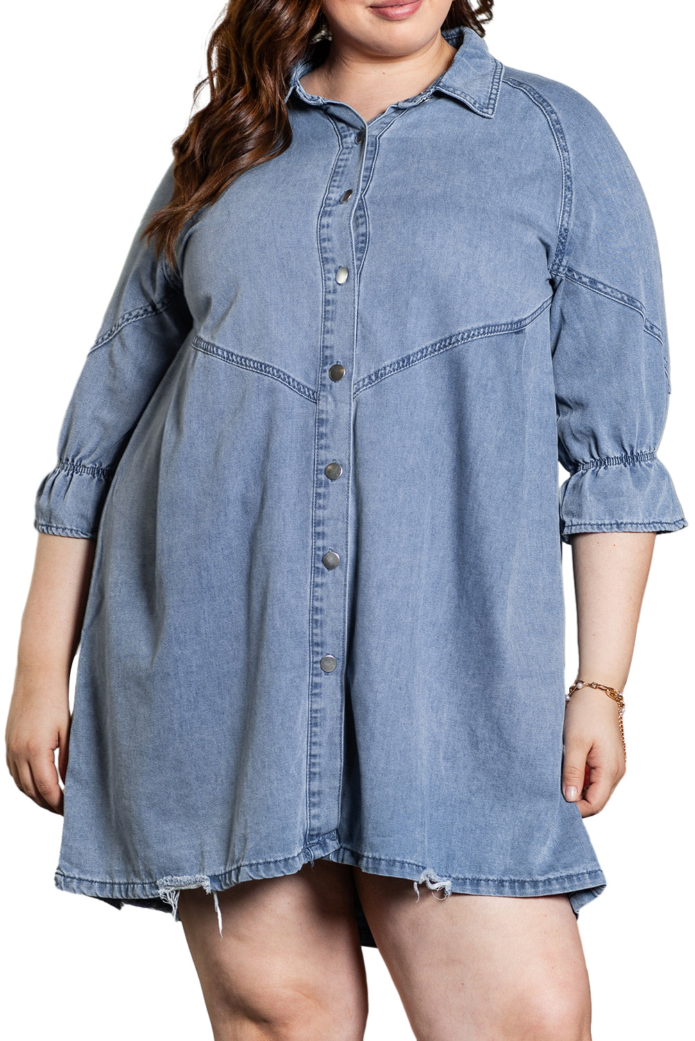 Ruffled 3/4 Sleeve Buttoned Front Plus Size Denim Dress | Light Blue