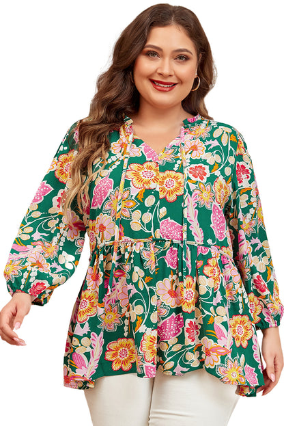 Floral Tied V Neck Long Sleeve Plus Size Babydoll Top | Green