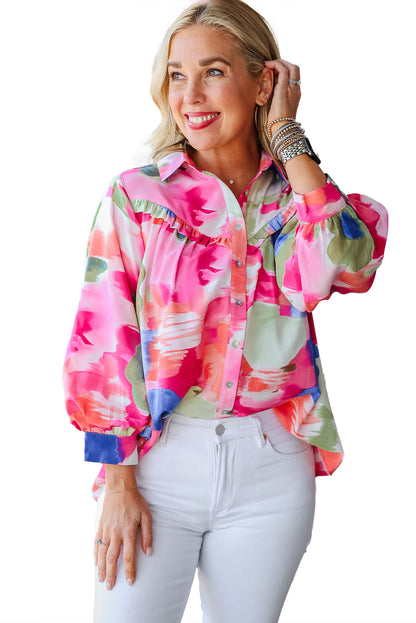 Abstract Printed Lantern Sleeve Frilled Button Front Collared Shirt | Multicolour