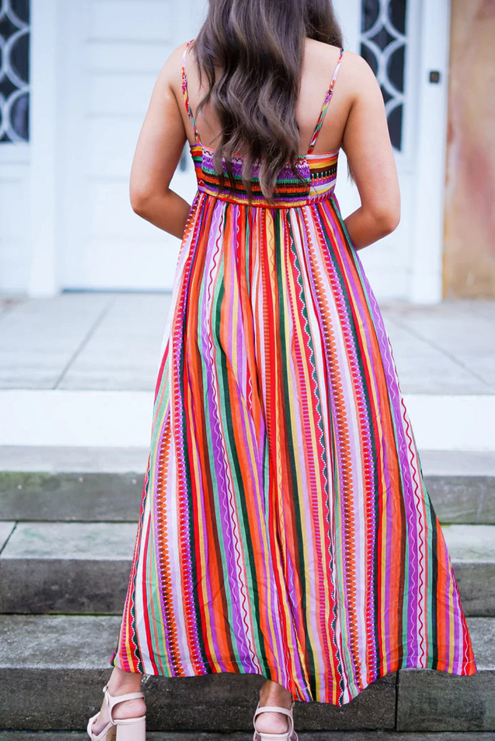 Striped Thin Straps Smocked Back Boho Maxi Dress | Multicolour