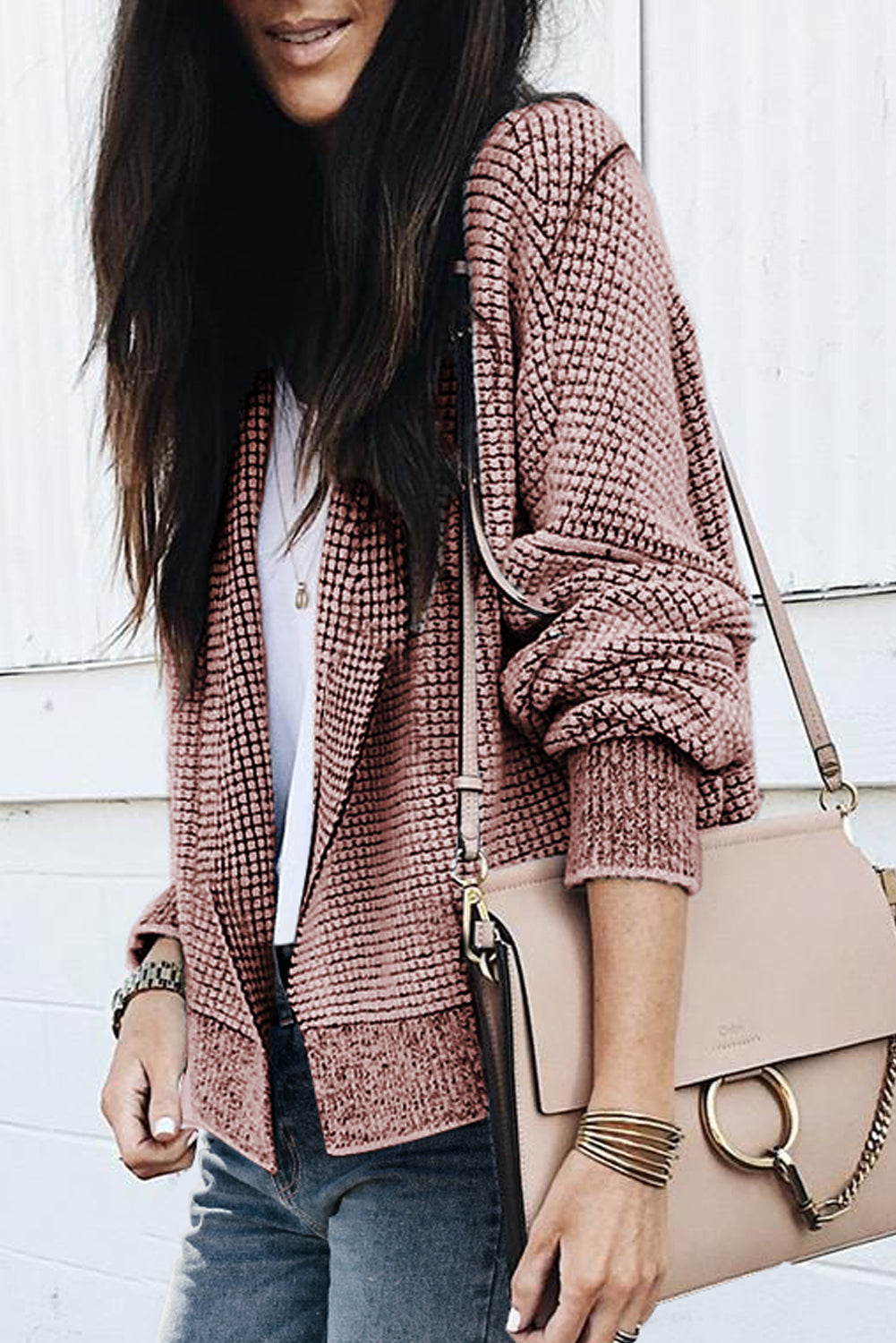 Plaid Contrast Trim Open Front Cardigan | Peach Blossom