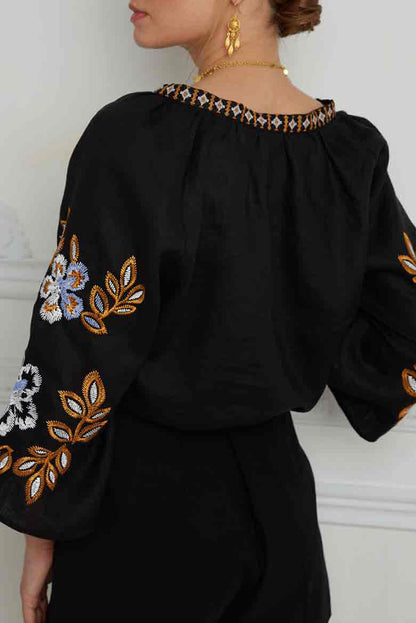 Bohemian Floral Embroidered V Neck Blouse | Black