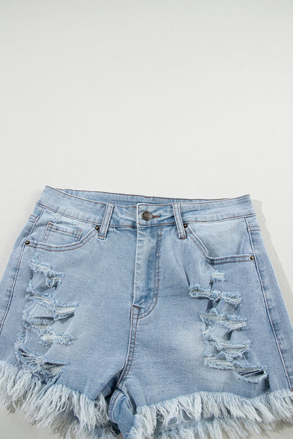 Distressed Ripped Raw Hem High Waist Denim Shorts | Light Blue