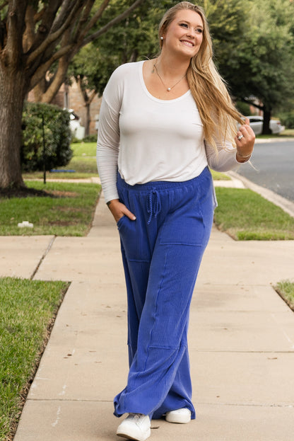 Corded Drawstring High Waist Pocket Plus Size Wide Leg Pants | Sky Blue