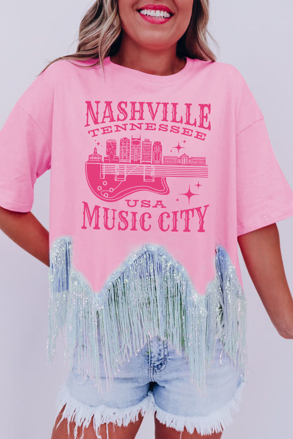 Nashvile Music City Graphic Sequin Fringed Hem Tee | Pink