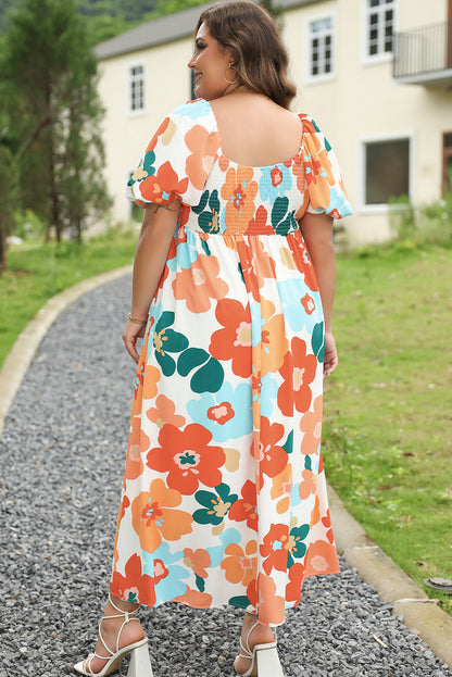 Plus Size Flower Print Shirred Square Neck Maxi Dress | Orange