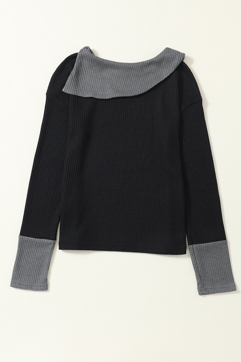 Waffle Knit Patchwork Colourblock Asymmetrical Neck Top | Black