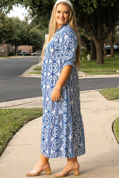 Geometric Print Lace-Up Notch Neck Plus Size Maxi Dress | Sky Blue