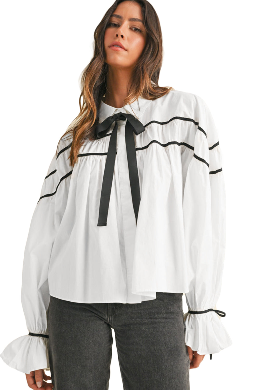 Black Pipping Ribbon Bowtie Collared Ruffled Puff Sleeve Shirt | White