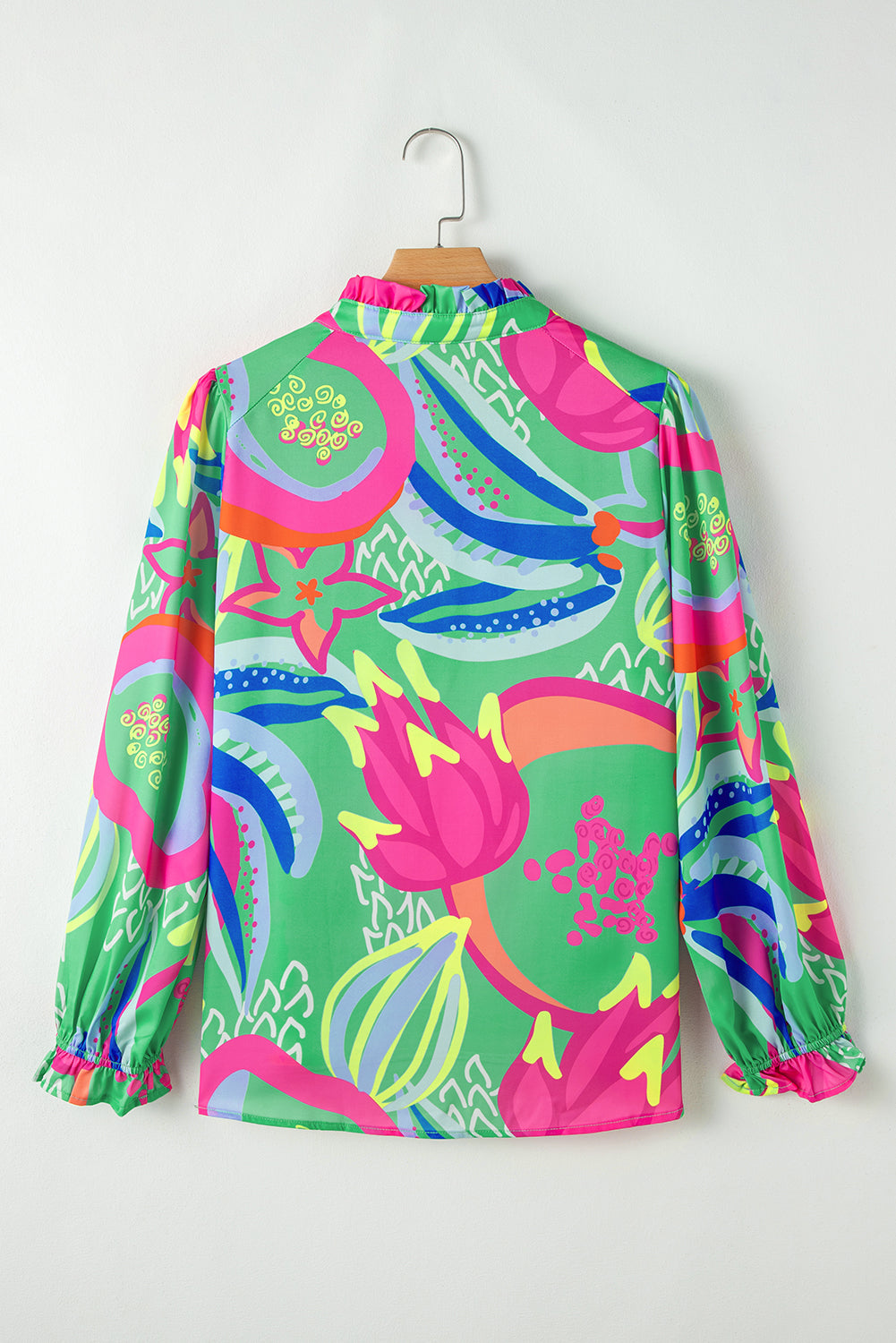 Abstract Print Ruffled Sleeve Buttoned V Neck Blouse | Green