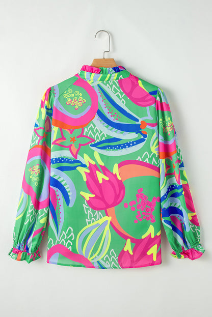 Abstract Print Ruffled Sleeve Buttoned V Neck Blouse | Green