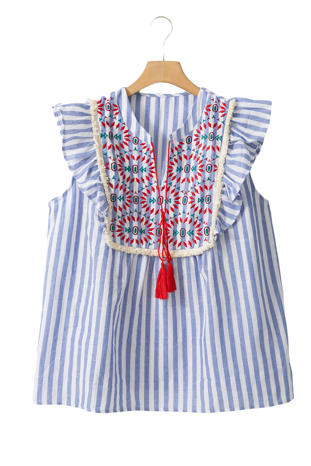 Striped Embroidered Tassel Tie Neck Frilled Trim Plus Blouse | Sky Blue