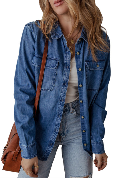 Flap Pocket Button Up Denim Shacket | Sky Blue