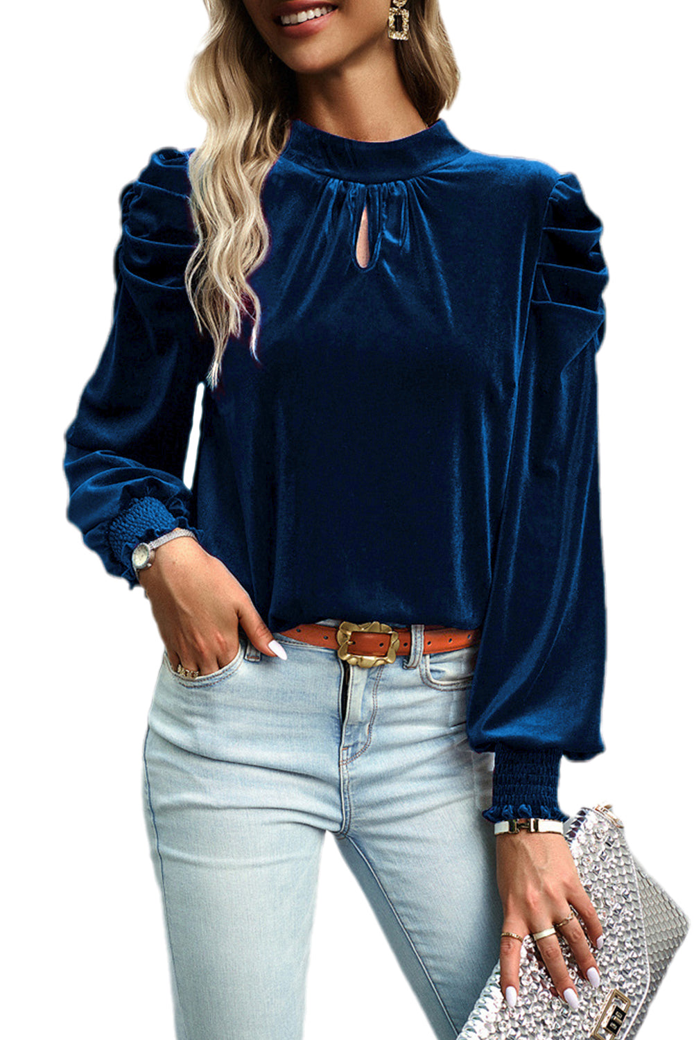 Fiery Mock Neck Puff Sleeve Velvet Blouse | Sky Blue