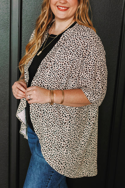 Plus Size Leopard Print Half Sleeve Open Front Cardigan | Khaki