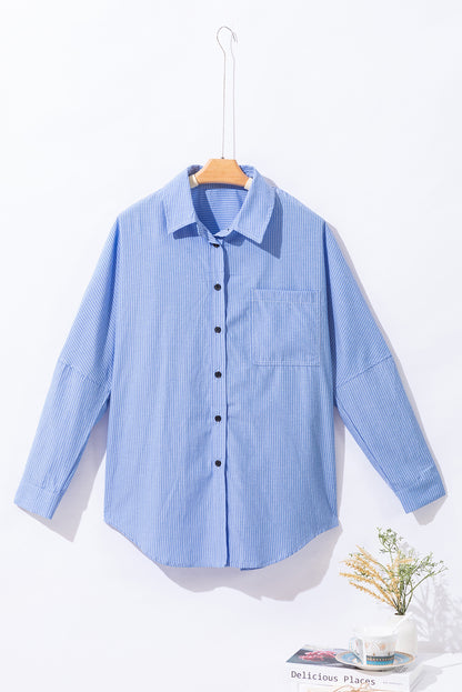 Roll-Tab Sleeve Pocketed Long Shirt | Sky Blue Stripe