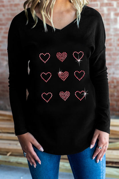 Valentines Day Rhinestone Heart Graphic Long Sleeve Tee | Black