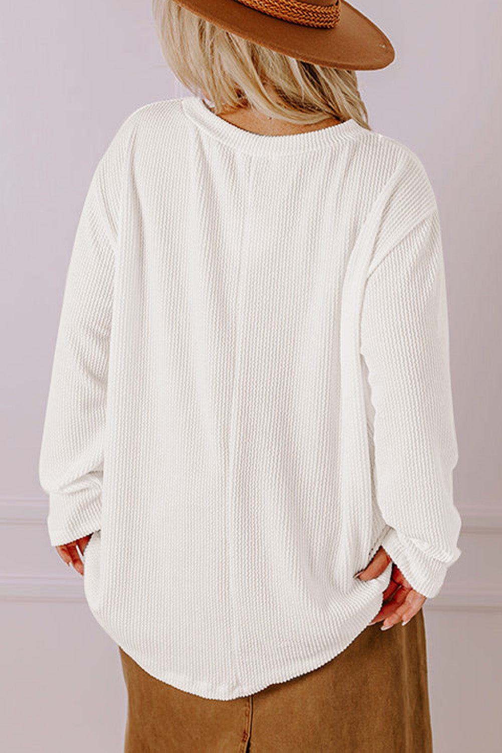 Plus Size Ribbed Textured Long Sleeve T Shirt | White