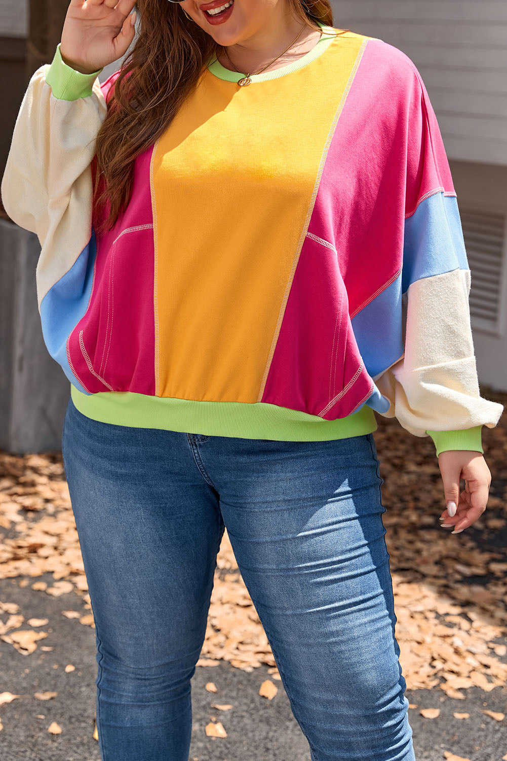 Plus Size Colourblock Patchwork Exposed Seam Sweatshirt | Rose Red