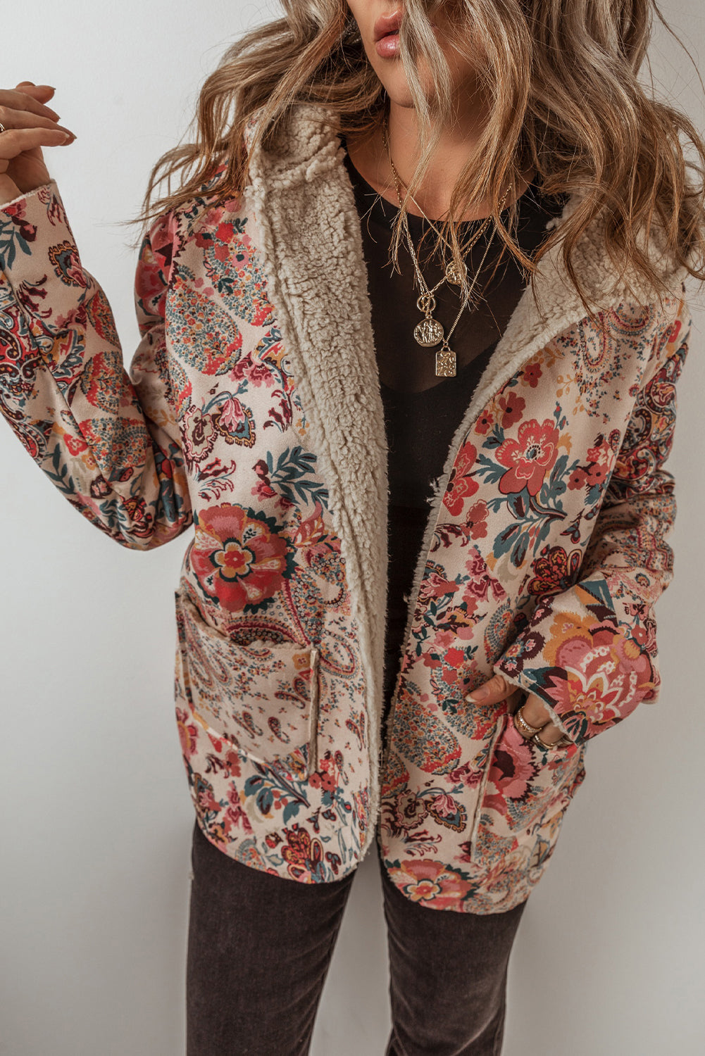 Vintage Paisley Floral Printed Sherpa Lined Hooded Jacket | Beige