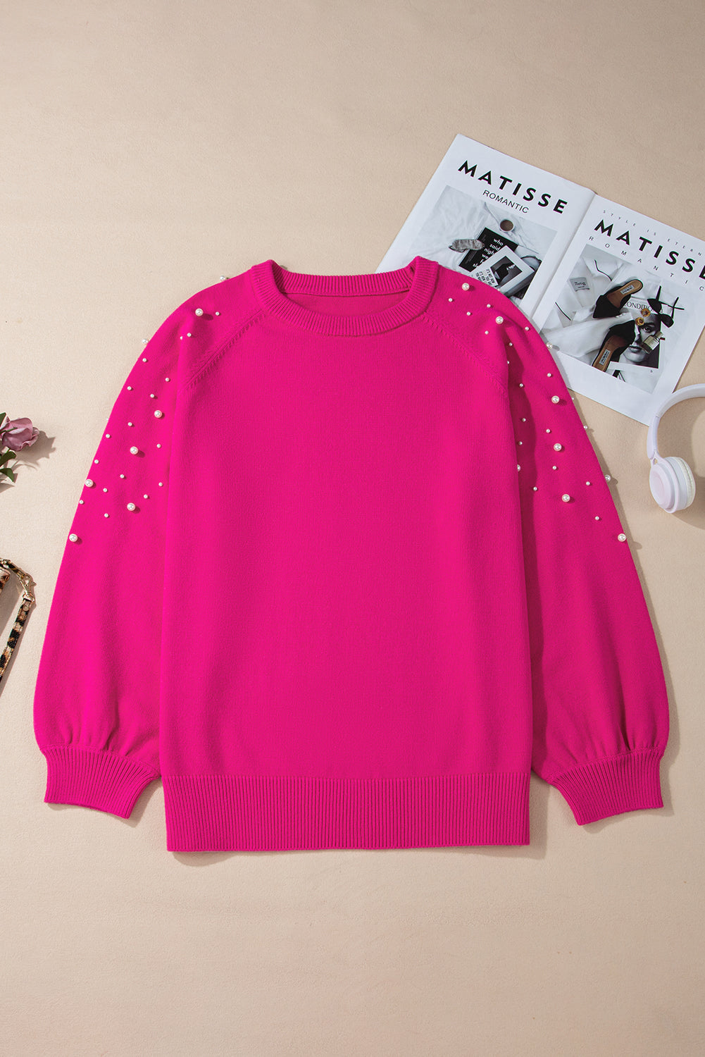 Pearled Decor Raglan Sleeve Plus Size Sweater | Strawberry Pink