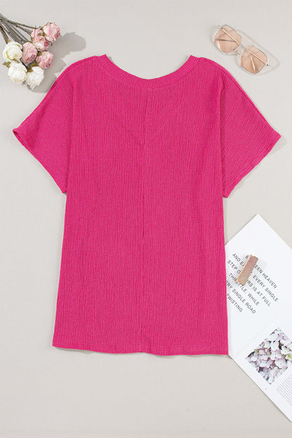 Crinkled V Neck Wide Sleeve T-Shirt | Bright Pink