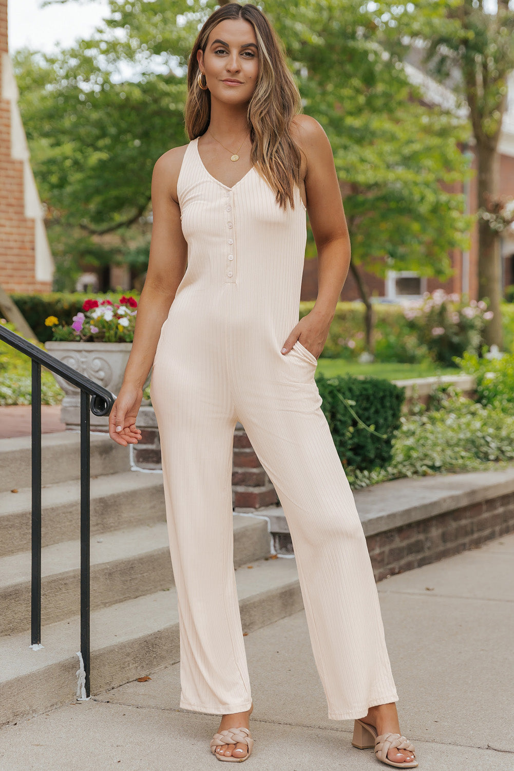 Apricot Sleeveless Buttoned Ribbed Wide Leg Jumpsuit with Pockets