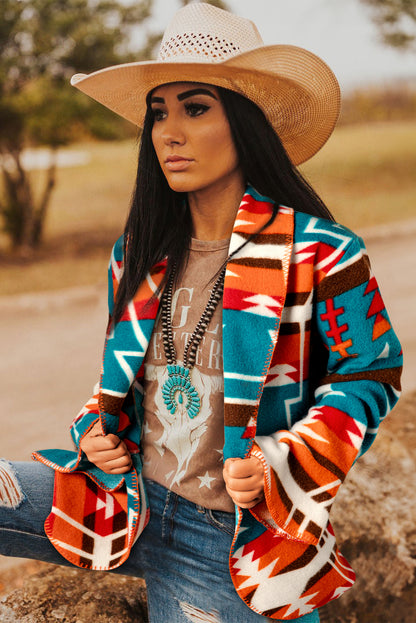 Aztec Printed Lapel Bell Sleeve Jacket | Sky Blue