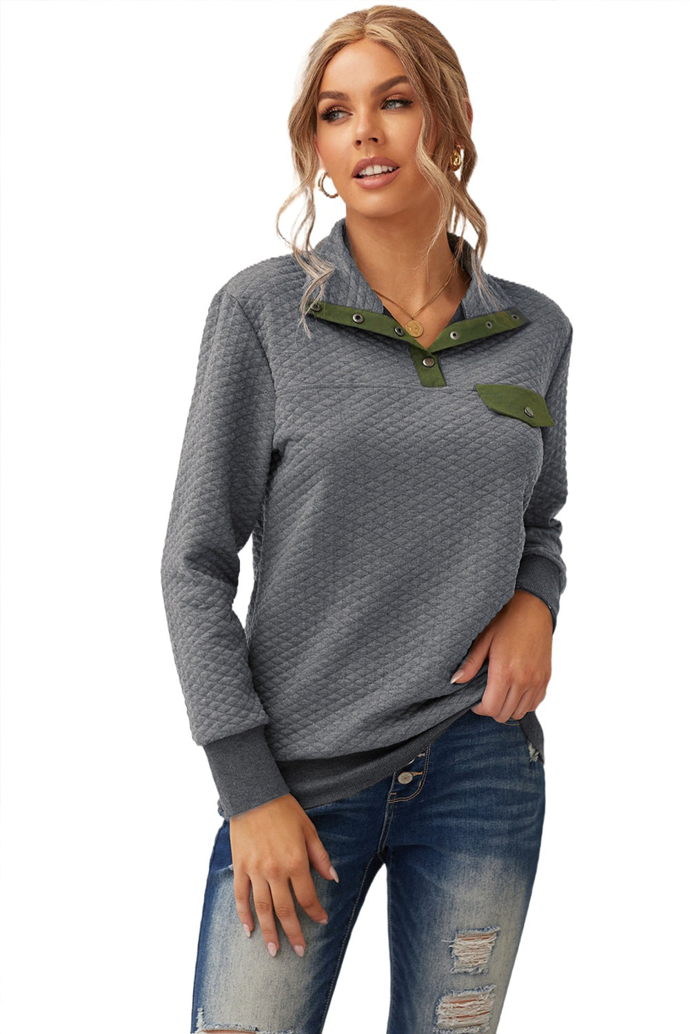 Dark  Quilted Snaps Stand Neck Sweatshirt With Fake Front Pocket | Gray