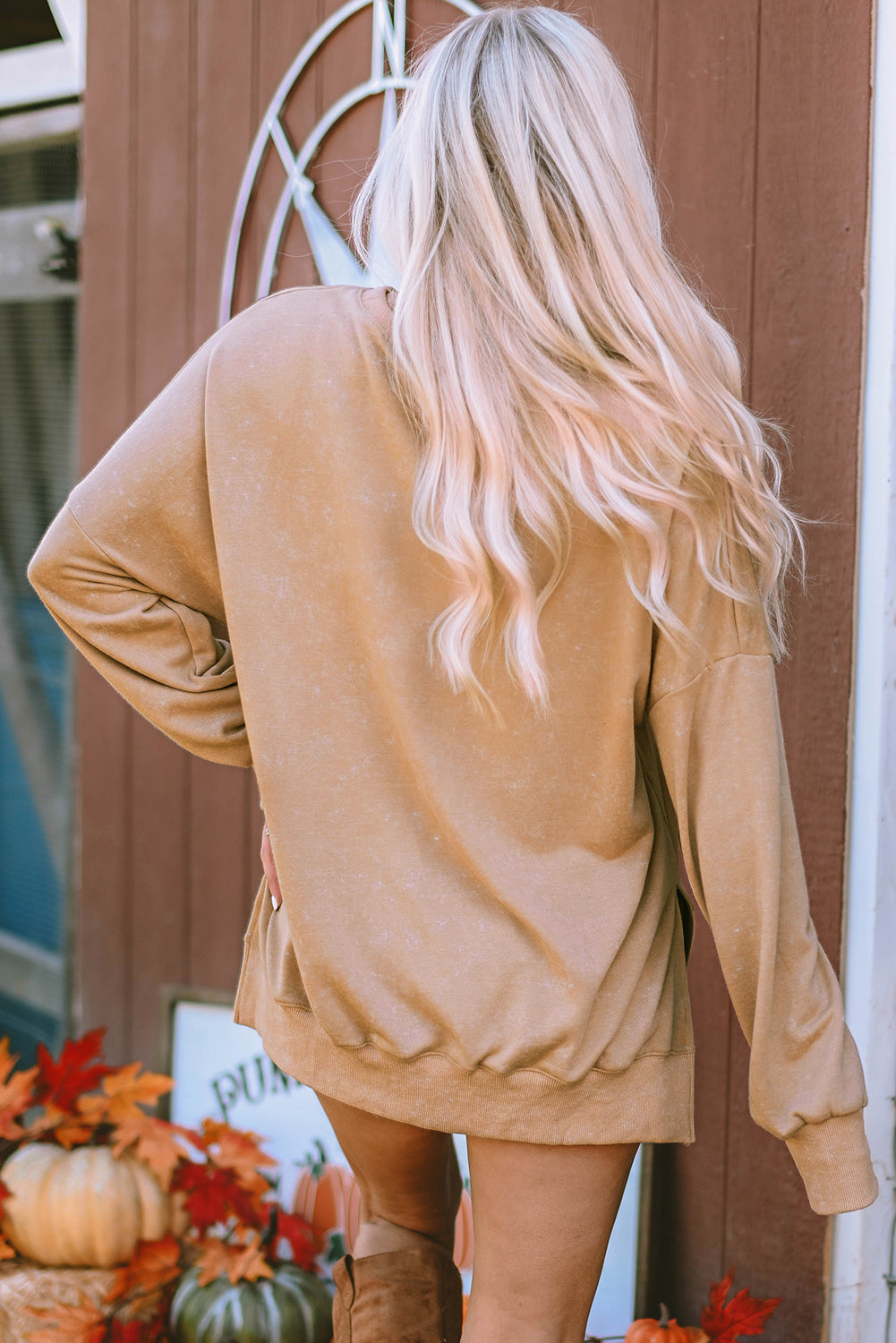 Howdy Fall Pumpkin Print Split Hem Sweatshirt | Khaki