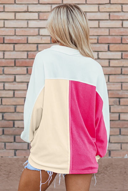 Colourblock Ribbed Collared Oversized Sweatshirt | Rose Red