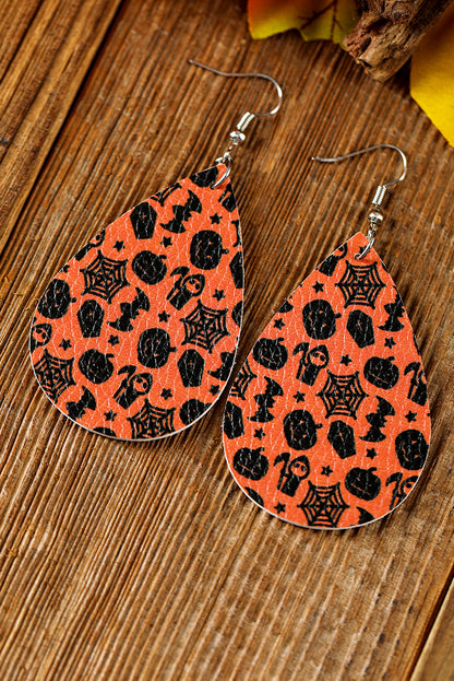 Halloween Pumpkin Spider Web Bat Print Drop Earring | Orange