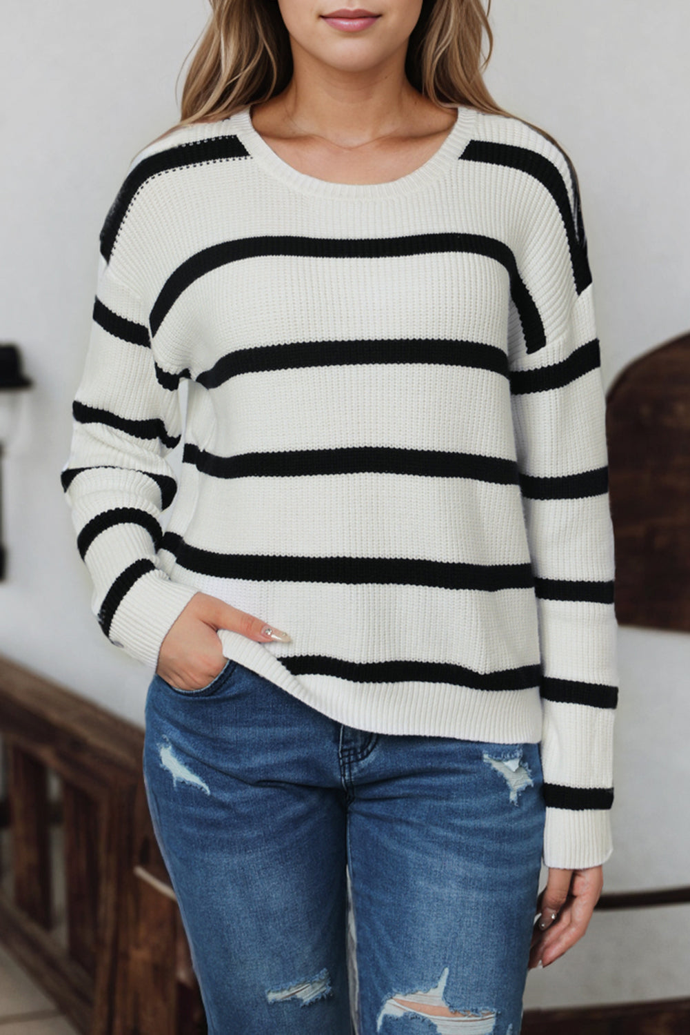 Buttoned Decor Sweater | Stripe