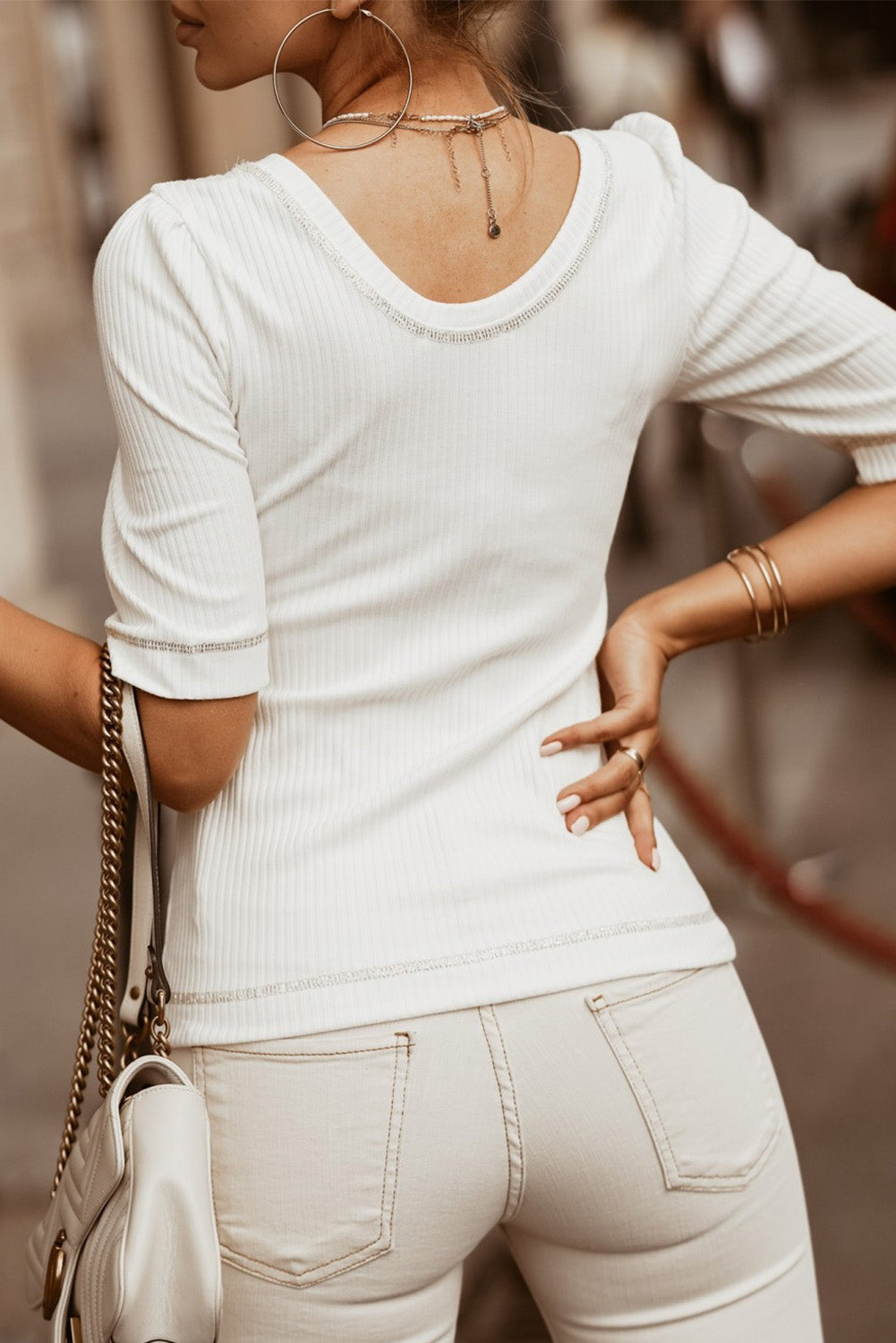 Round Neck Half Sleeve Ribbed Knit Top | White