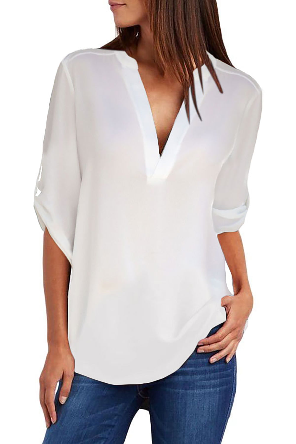 Split Collar Roll Up Sleeve Blouse | White