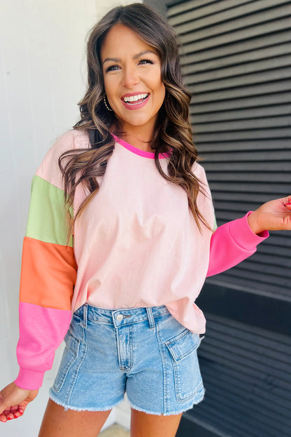 Colourblock Patchwork Long Sleeve Loose Top | Pink