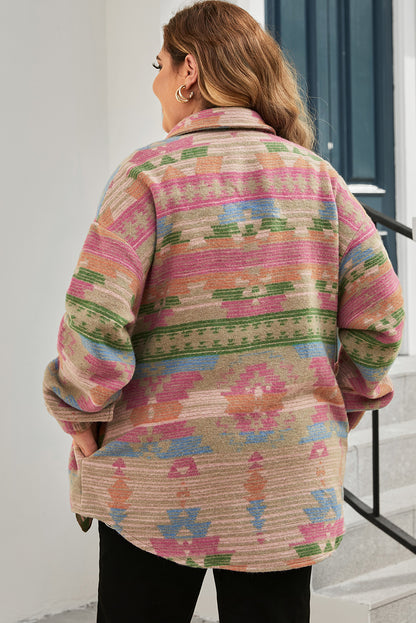 Plus Size Flap Pockets Aztec Print Jacket | Multicolour